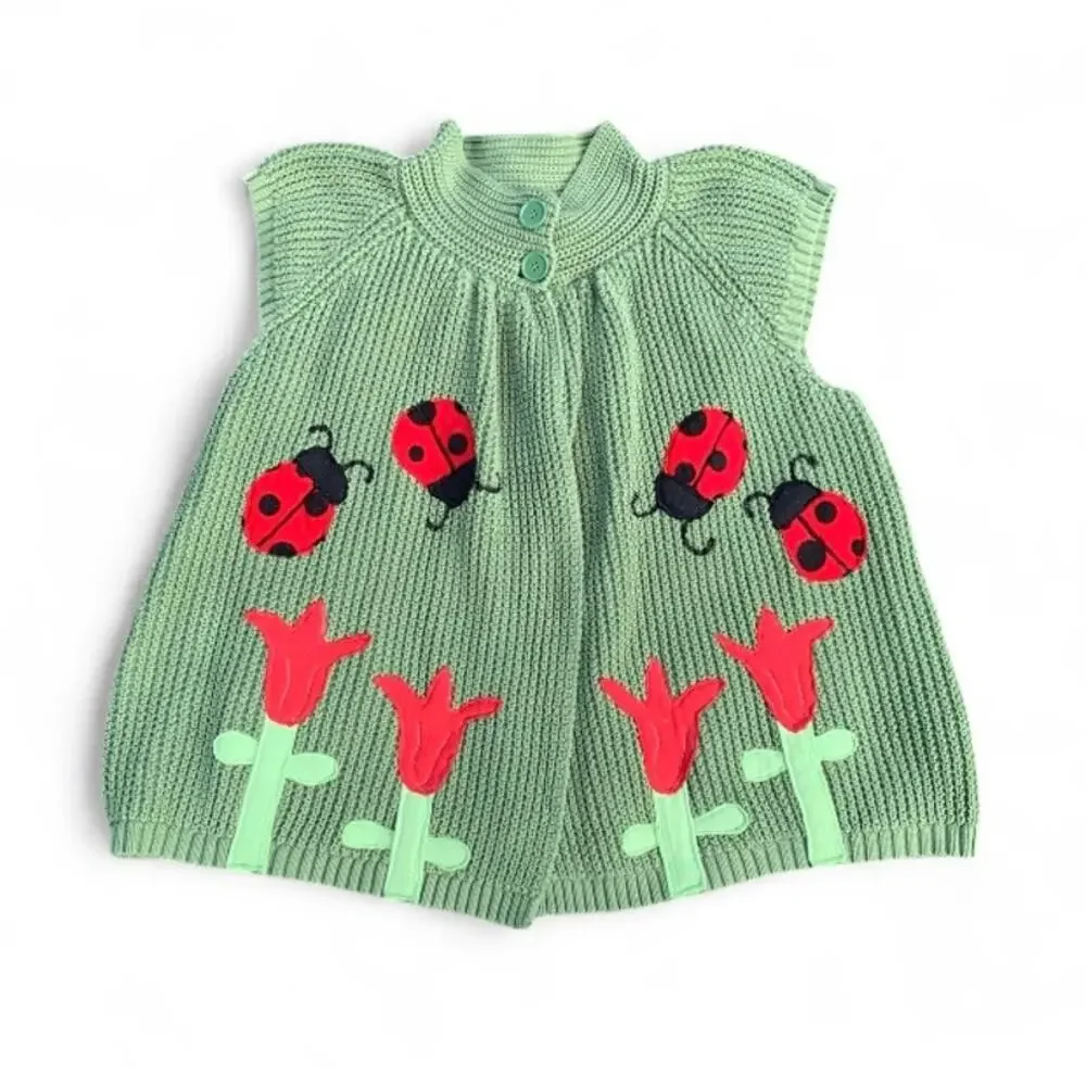 Custom Upcycled Ladybug Flower Patchwork Knit Sweater Coquette 2XL